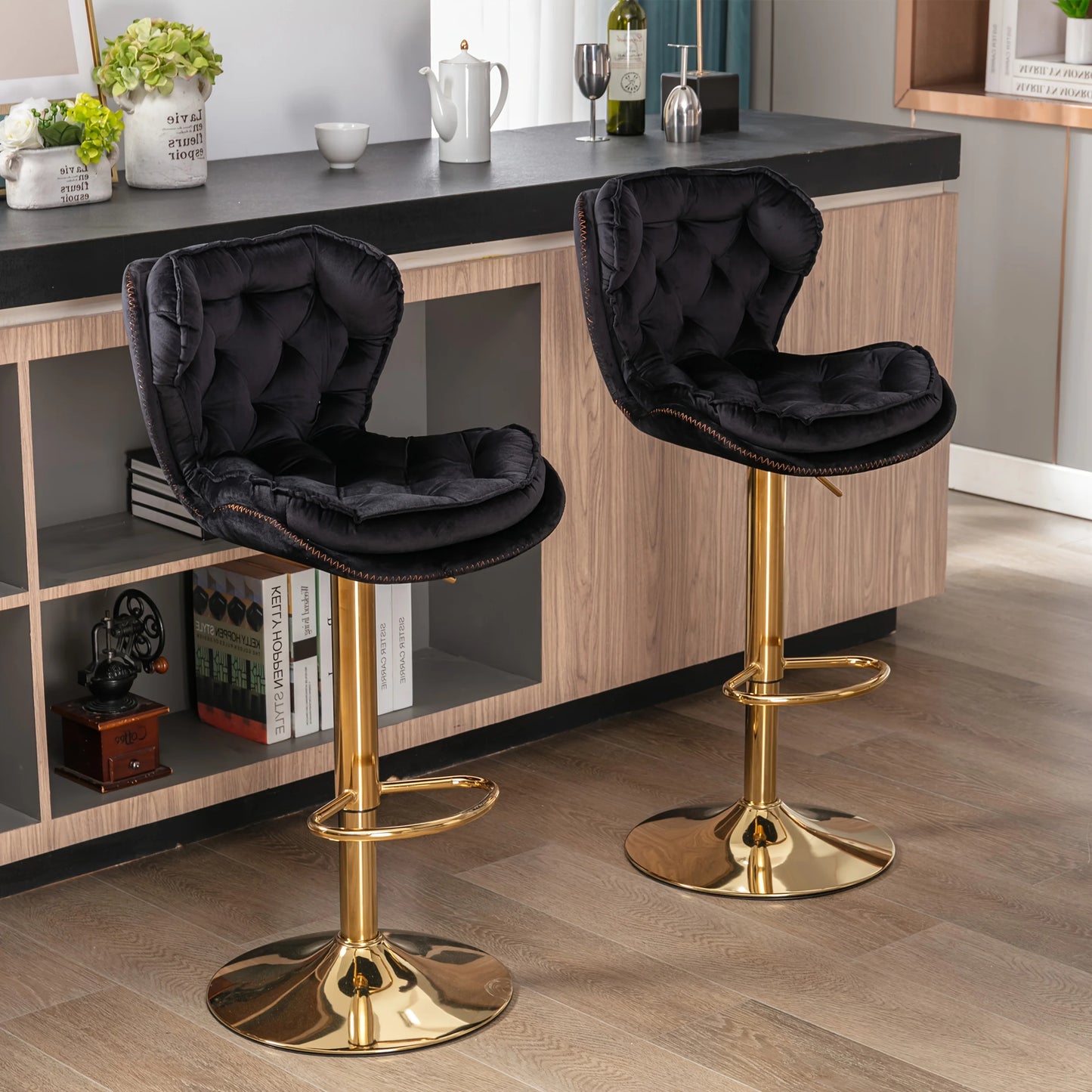 PIYRQ Velvet Bar Stools Set Modern Upholstered Swivel