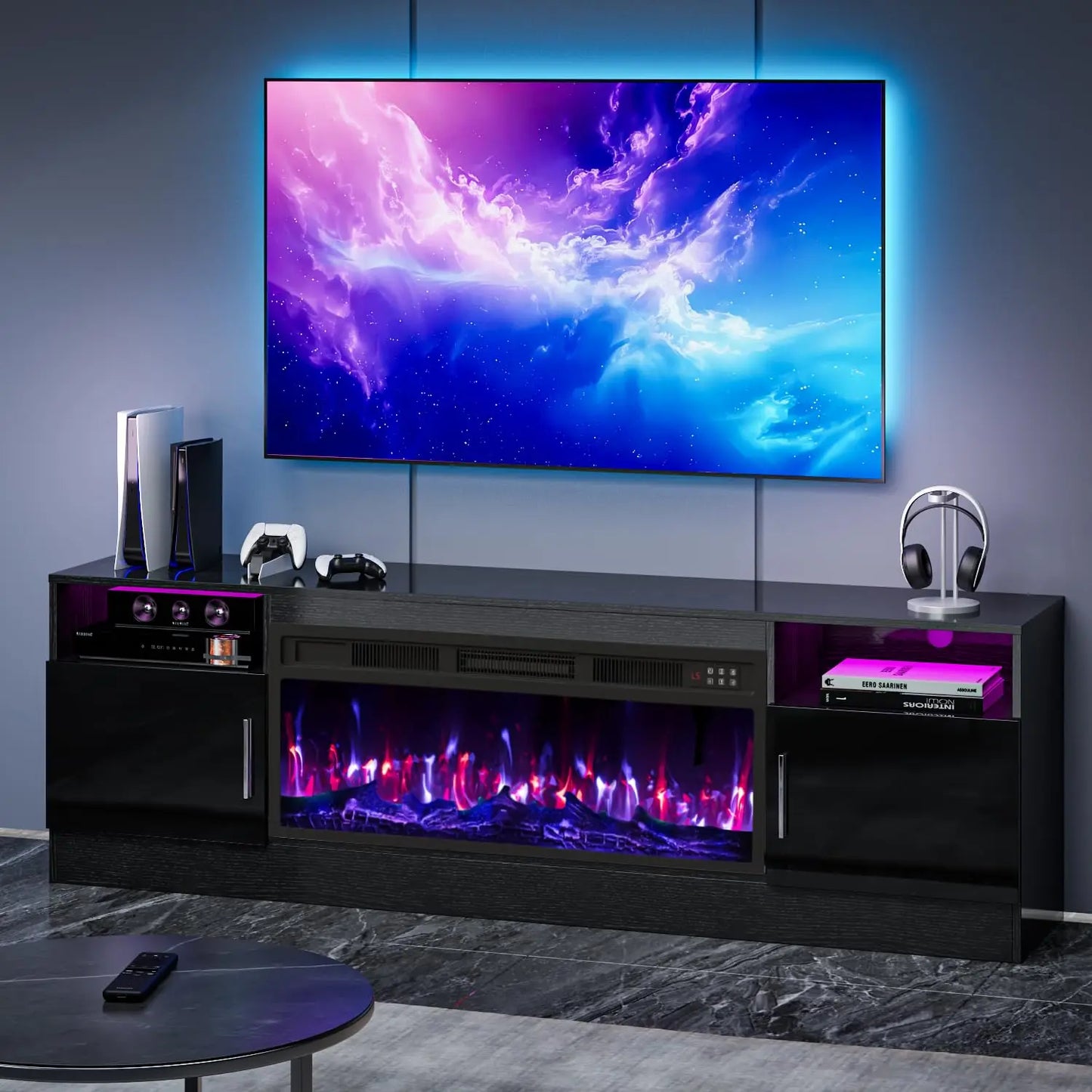 TV Stand With Fireplace LED Lighting For Living Room