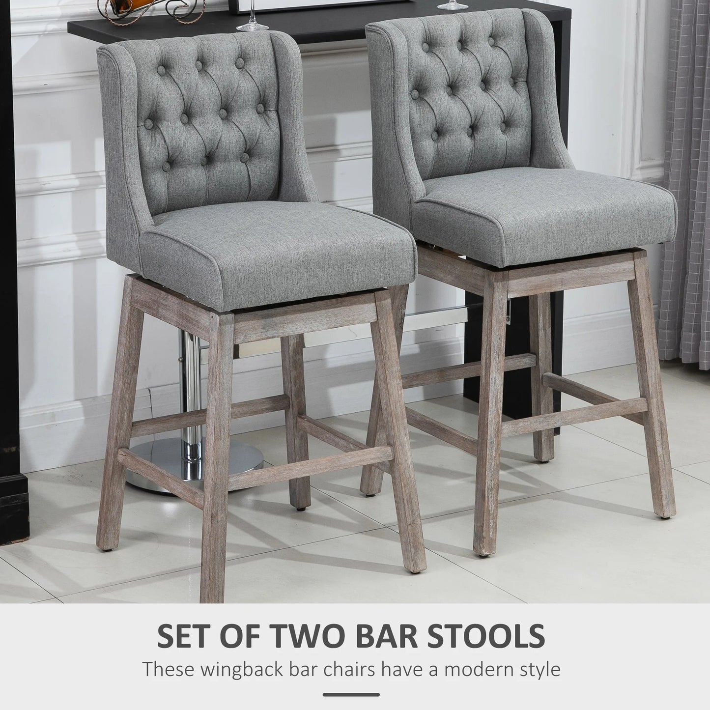 HOMCOM Bar Height Swivel Stools Set Of 2 Wood Footrests