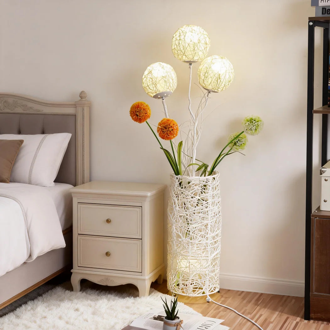 Modern Handwoven Rattan Floor Lamp with Lampshade and LED Bulb
