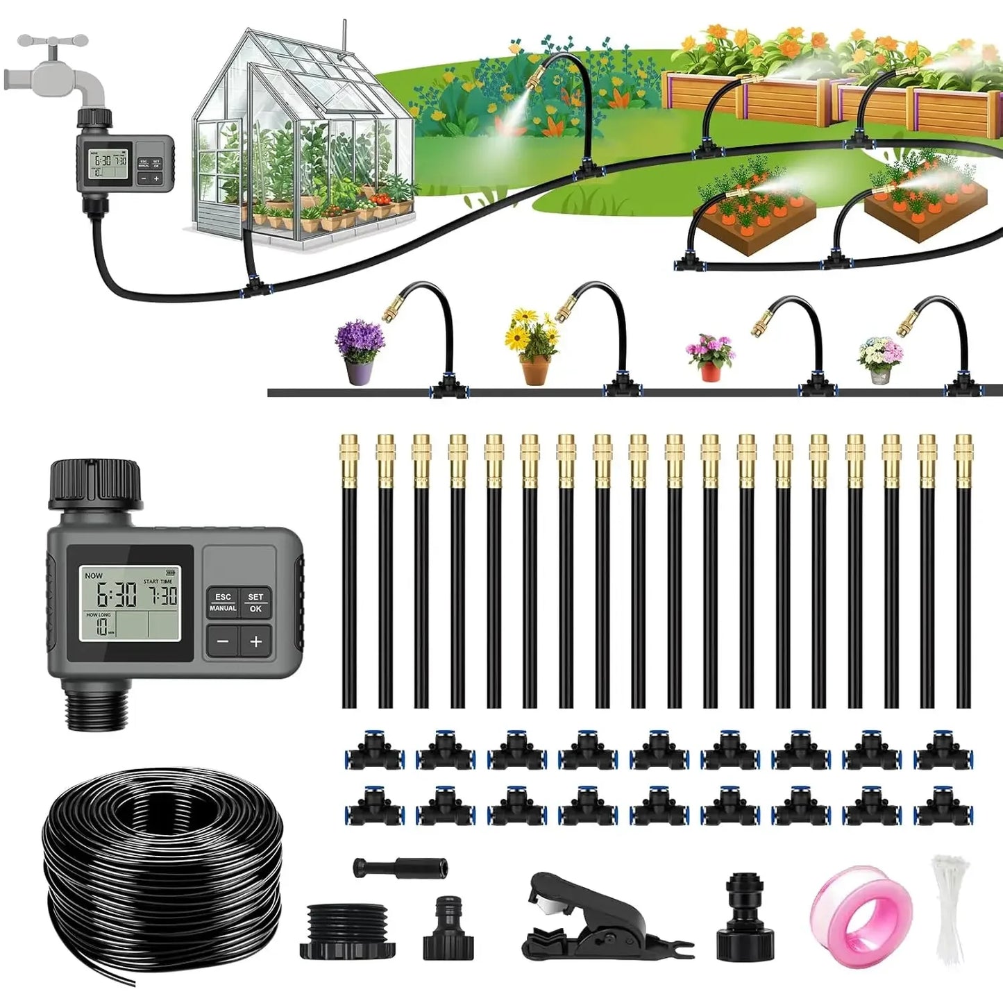 Drip Irrigation System With Water Timer Garden Kit