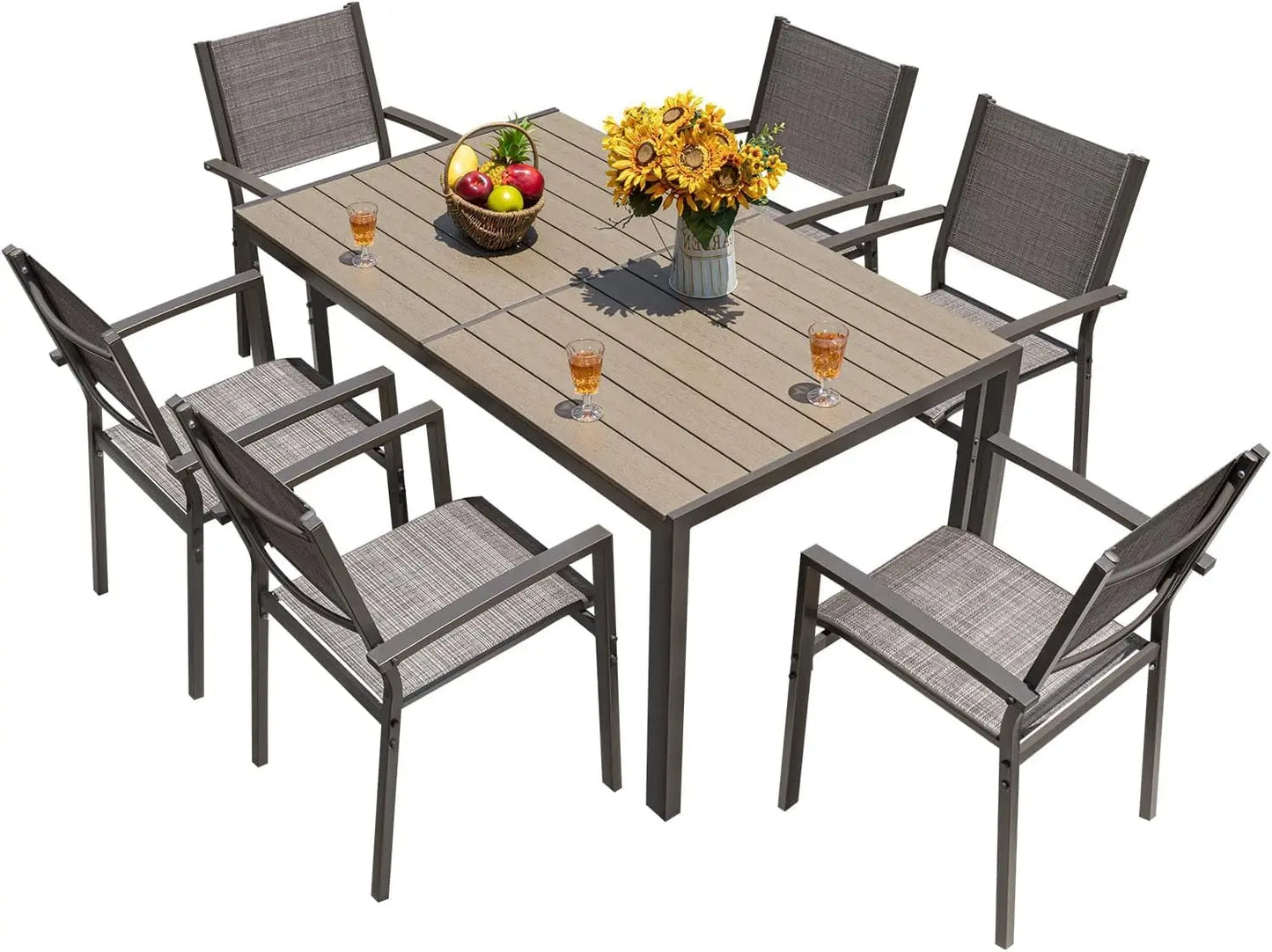 Patio Dining Set 7 Pieces With Large Table And Textilene Chairs