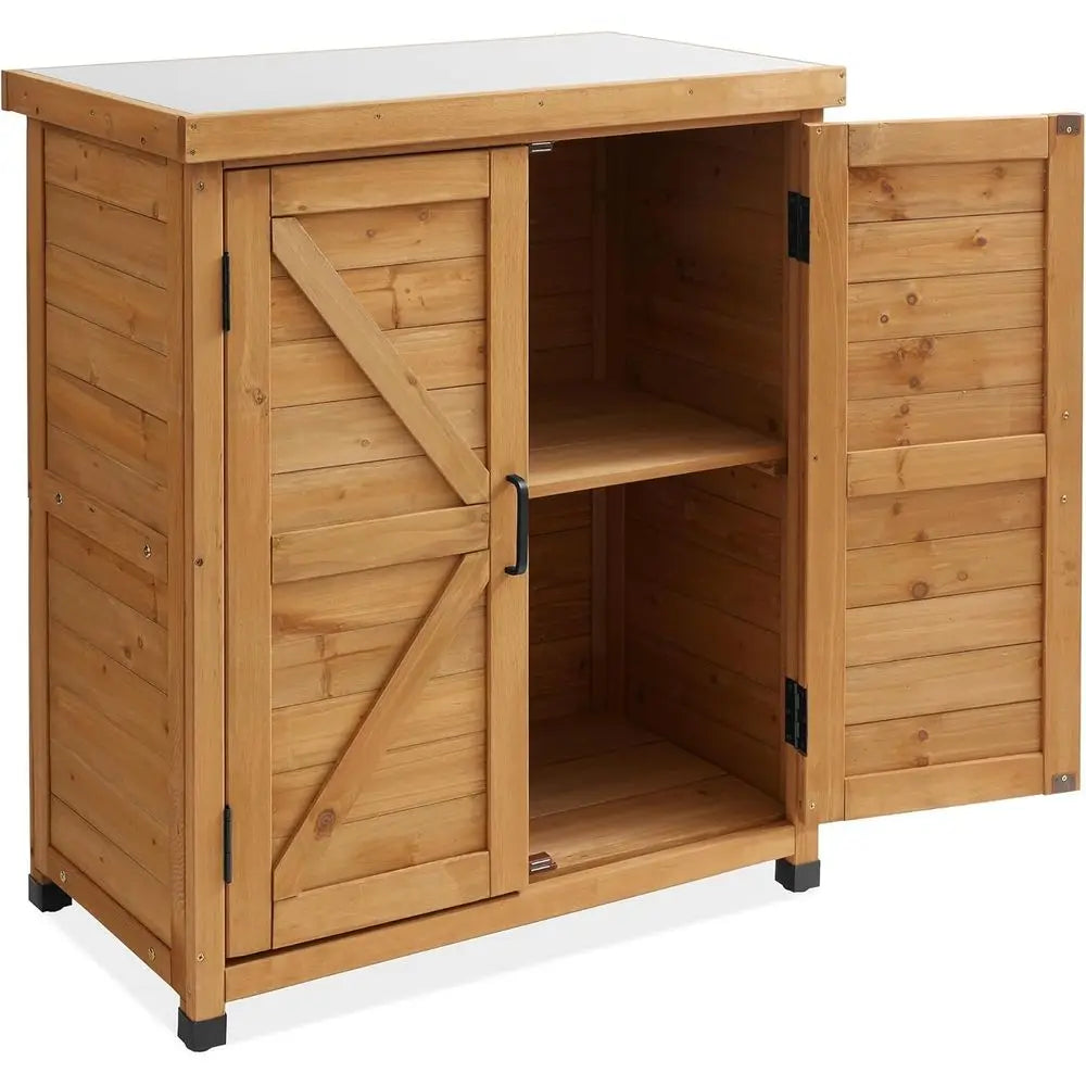 Wooden Outdoor Garden Potting Bench With Metal Tabletop And Cabinet