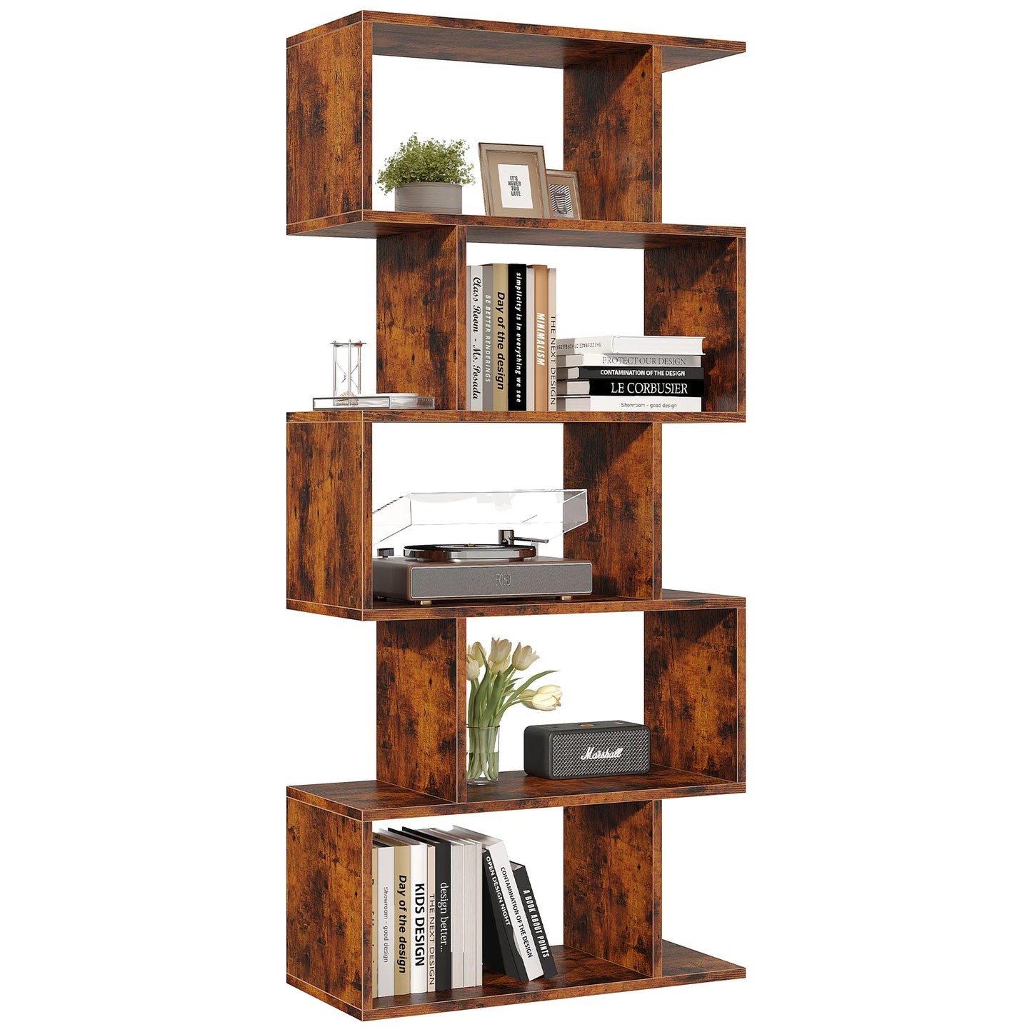 JHK Five Tier S Shaped Geometric Wooden Bookcase Display Shelf