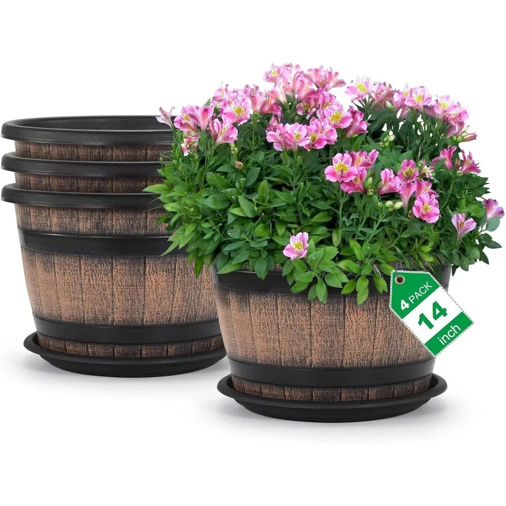 Whiskey Barrel Style Plastic Plant Pots With Drainage Holes