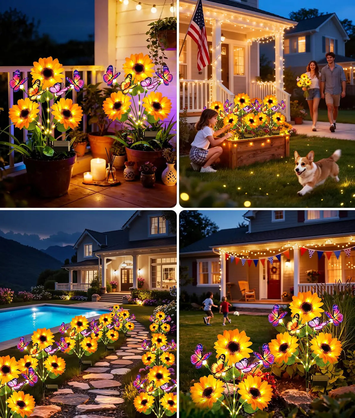 Solar Sunflower Garden Lights Four Pack Butterflies Outdoor Decor
