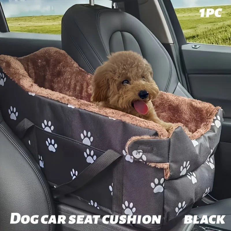 Black Fabric Dog Car Seat Portable Booster Basket PawPrint Headrest