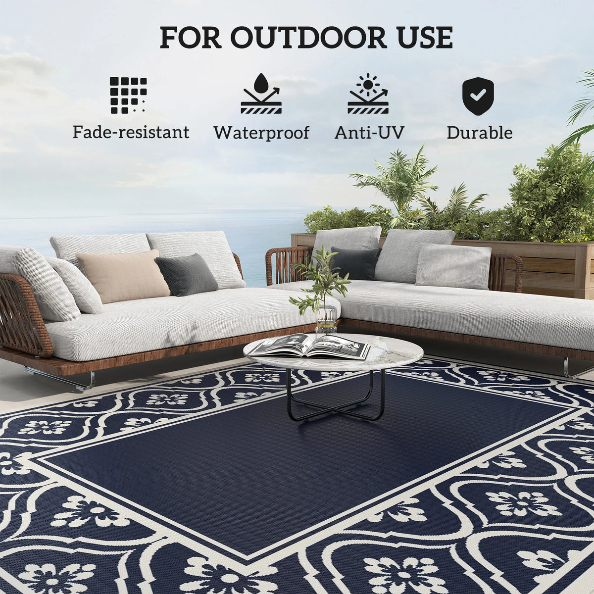 Modern Geometric Polypropylene Outdoor Rug With Gourd Border Design