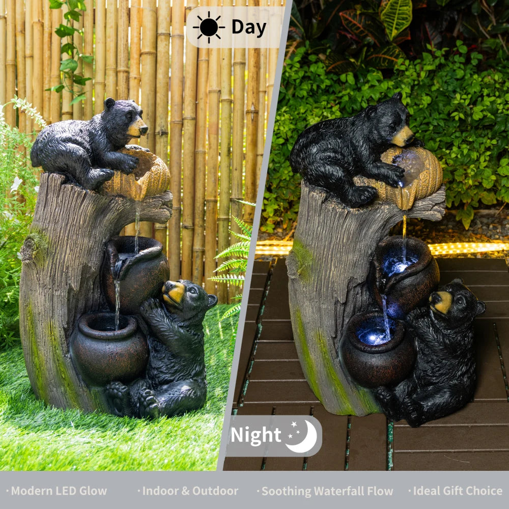 Bear Outdoor Water Fountain With LED Lights for Gardens
