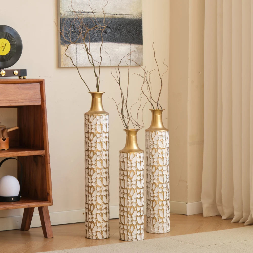 Modern Gold Leaf Pattern Metal Floor Vases Set Home Decor