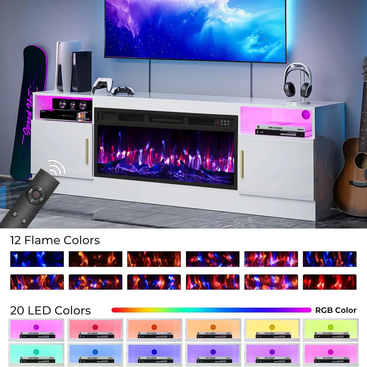 TV Stand With Fireplace LED Lighting For Living Room