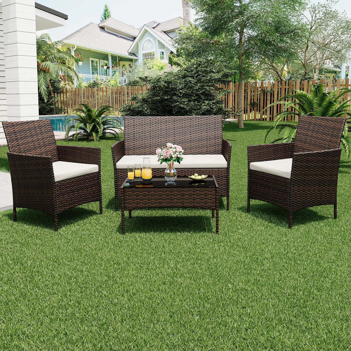 HiMISS Four Piece Outdoor Rattan Patio Furniture Set With Cushions