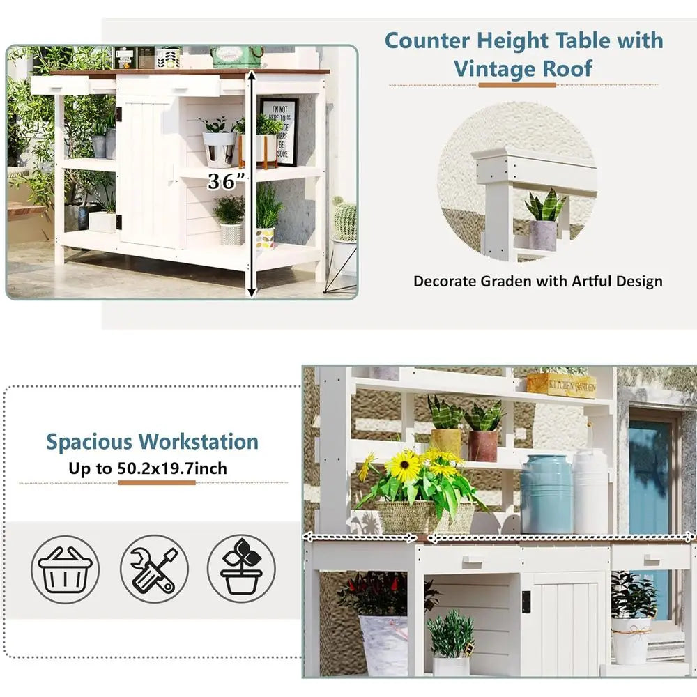 Outdoor Wooden Potting Bench Garden Workstation With Cabinet And Open Shelves