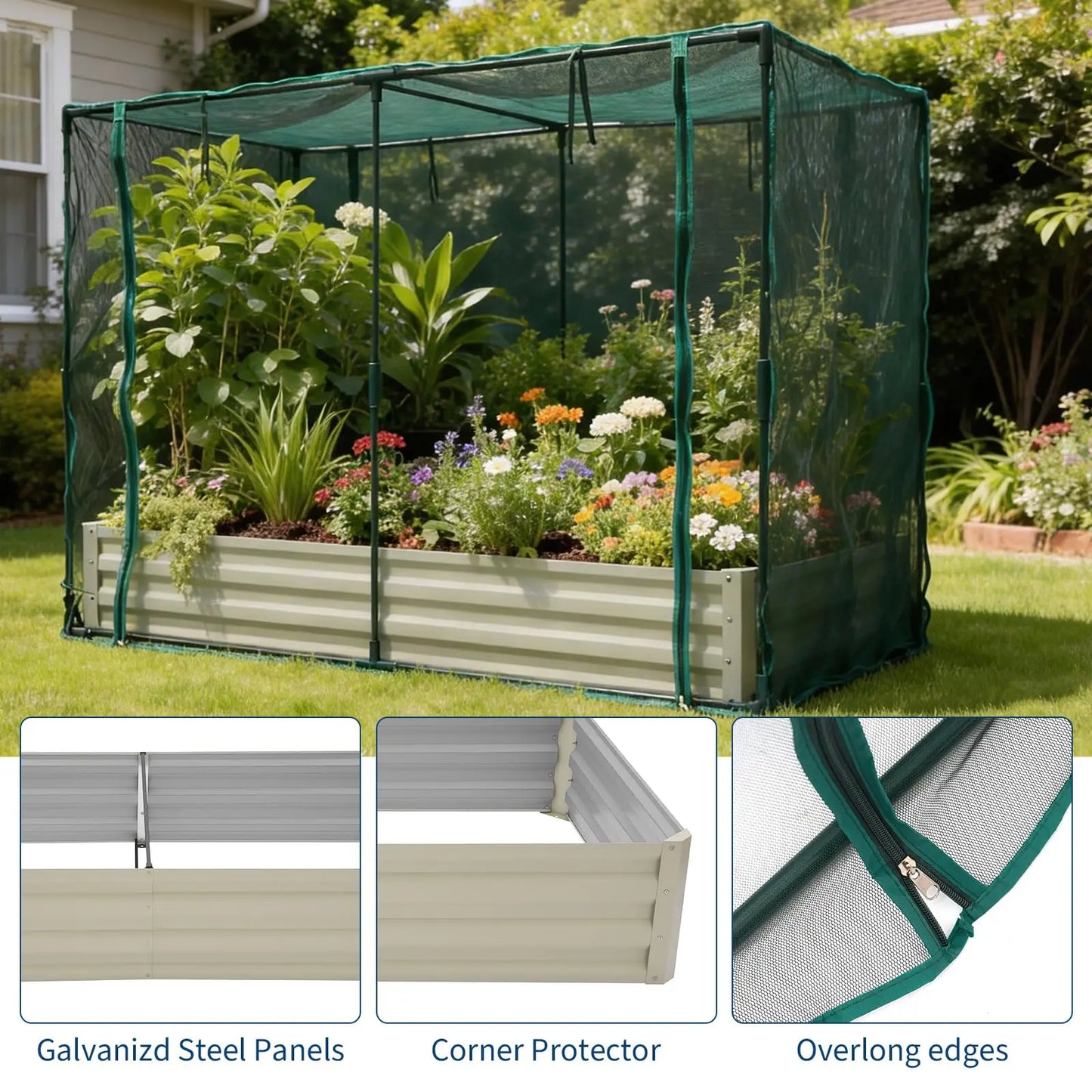 Raised Garden Bed With Plant Netting Cover And Zippered Door