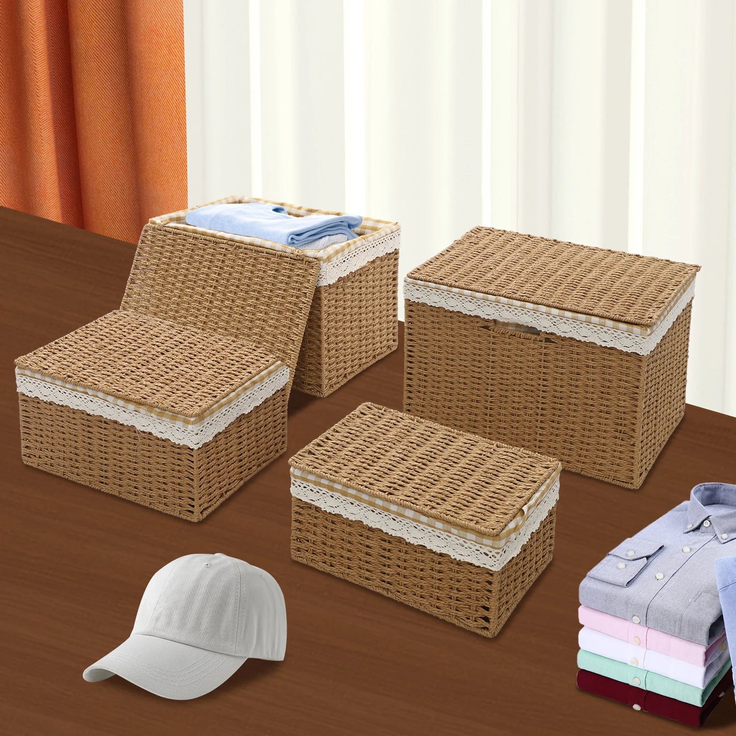 Bymaocar Woven Storage Baskets Set With Lids Sundries Organizer