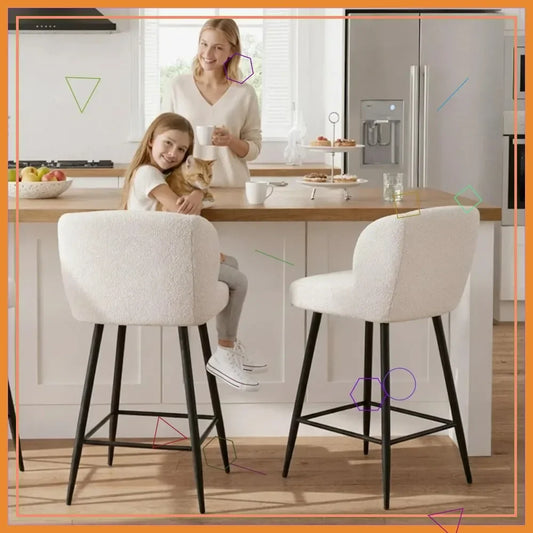 Modern Counter Height Bar Stools Set Of 2 Faux Sherpa Upholstered Back