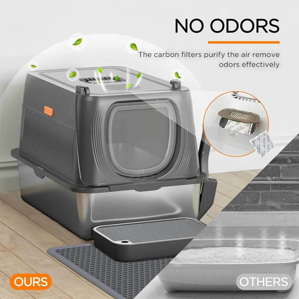 XIUWO Enclosed Stainless Steel Litter Box With Lid For Cats