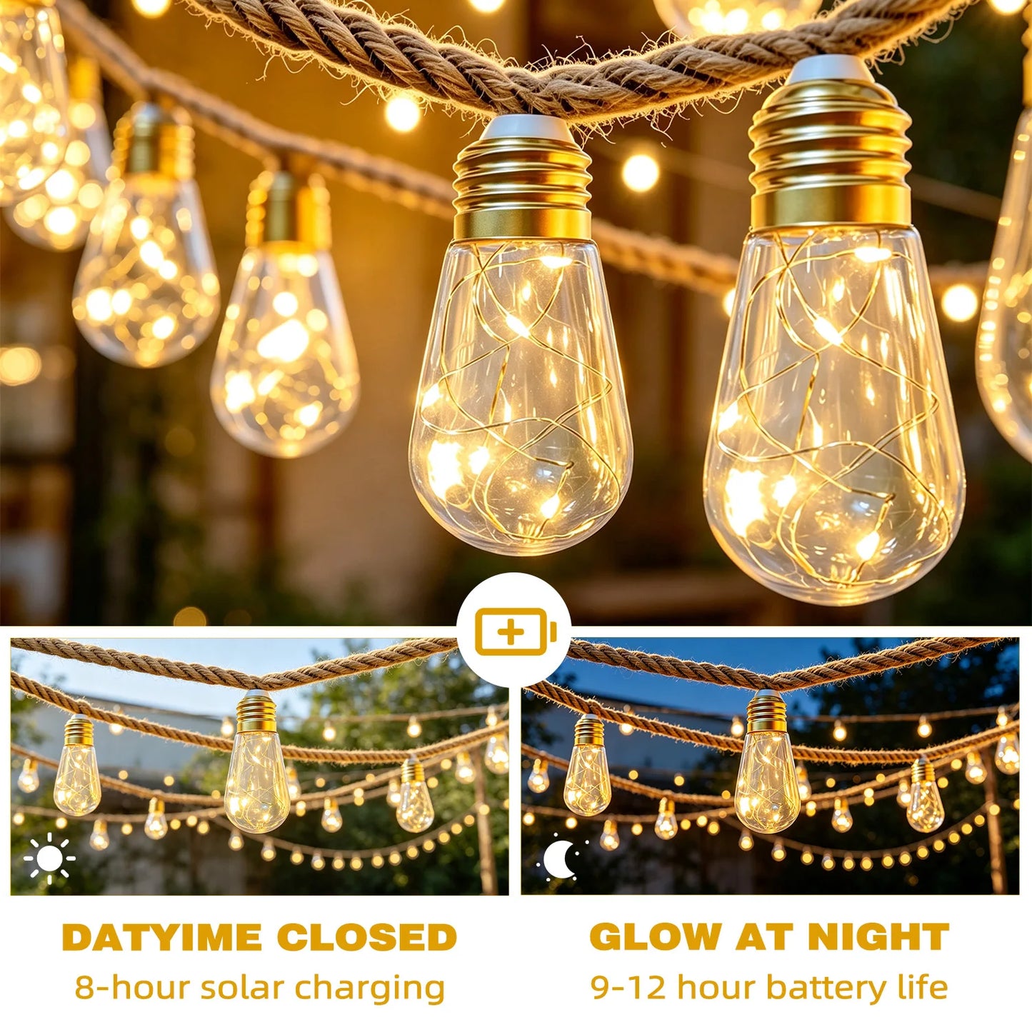 LEDOOR Solar Retro Hemp Rope String Light Outdoor 10 Modes