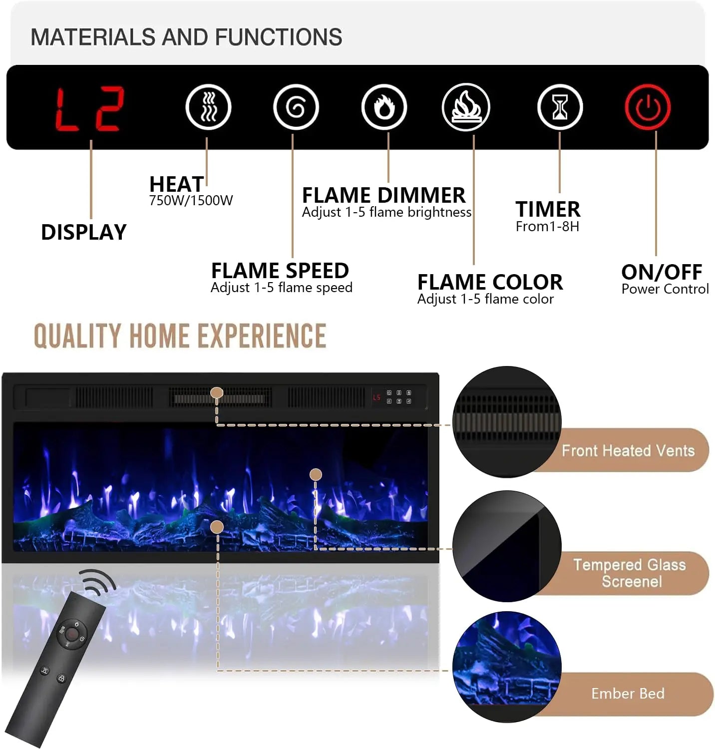 TV Stand With Fireplace LED Lighting For Living Room