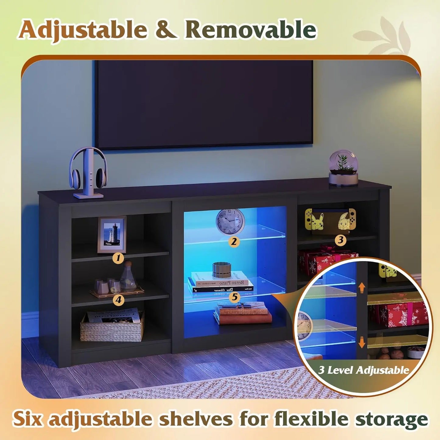 Modern TV Stand With Adjustable Shelves And RGB LED Lighting