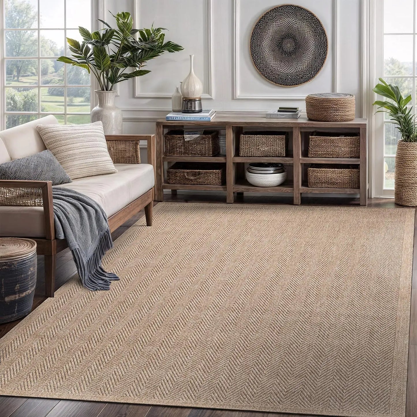 Natural Fiber Herringbone Seagrass Area Rug For Indoor Outdoor Use
