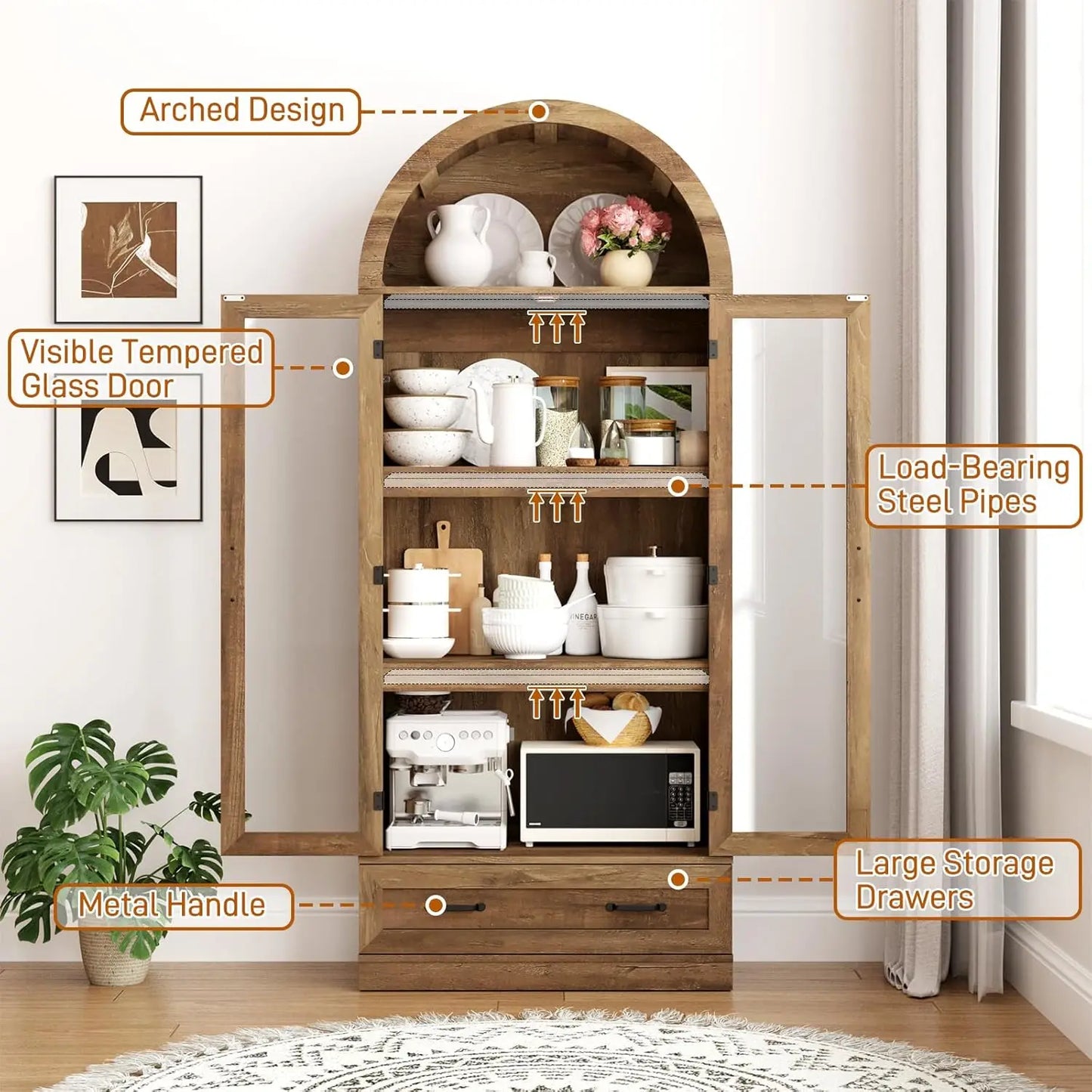 Arched Kitchen Pantry Cabinet With Glass Doors And Steel Frame