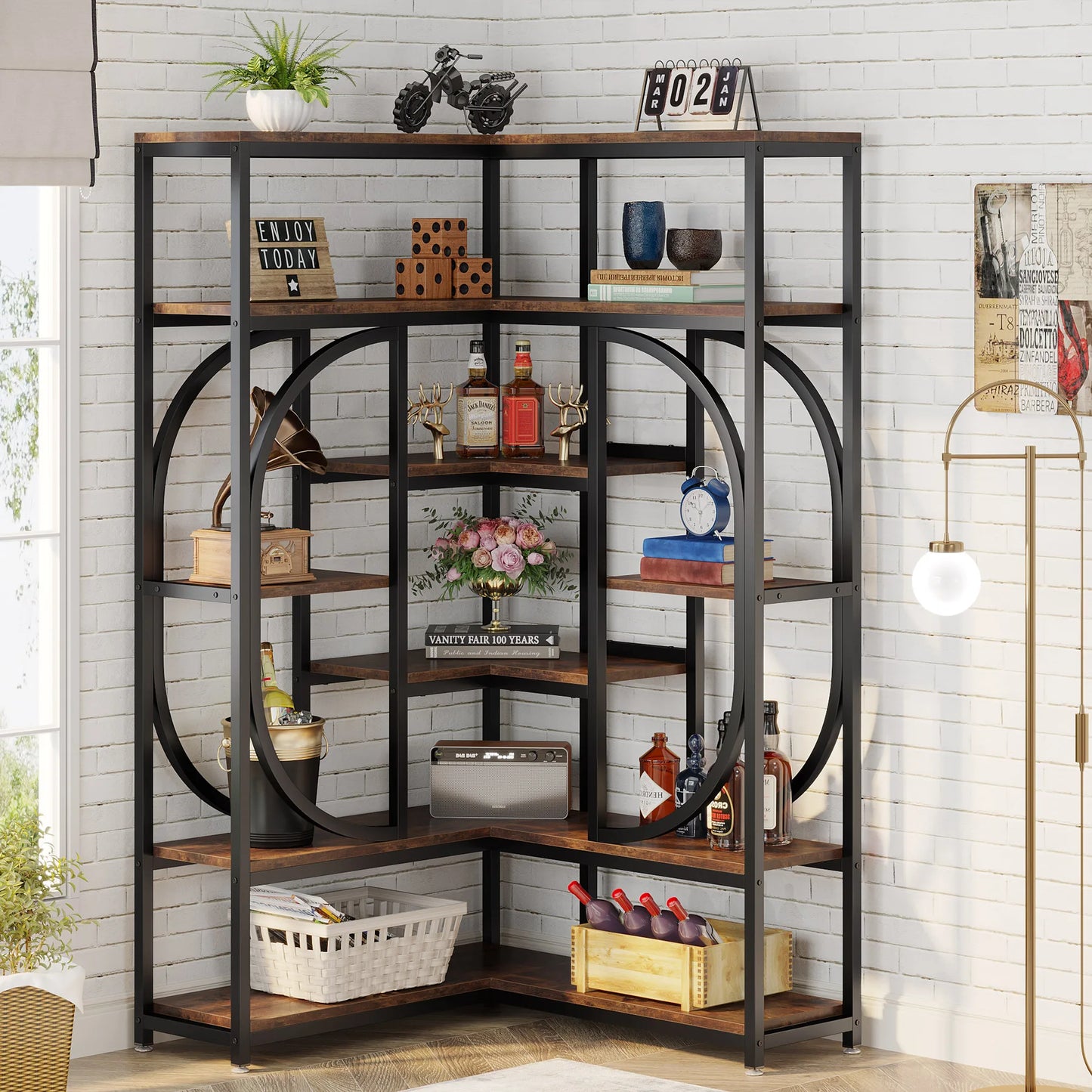 Little Tree 7 Shelf Corner Bookcase In Modern Iron Frame