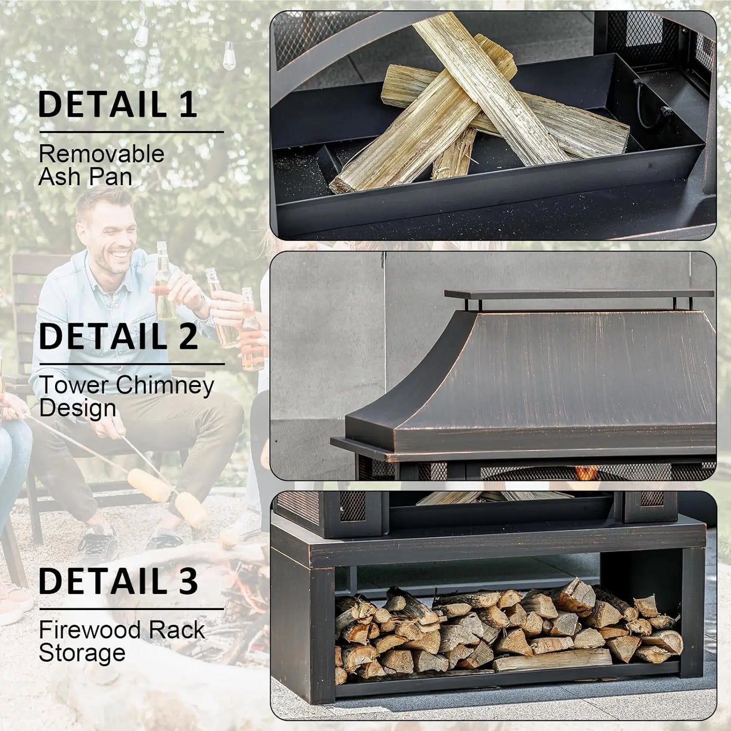 Wood Burning Outdoor Fireplace With Chimney Wood Storage And Spark Screen