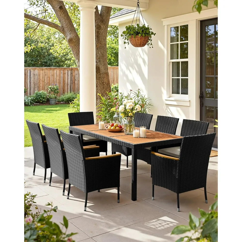 Acacia Wood Patio Dining Set With Cushions And Wicker Outdoor Furniture