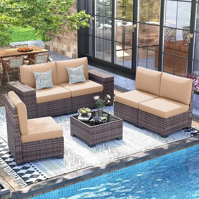 UDPATIO 6 Piece Outdoor Patio Furniture Set With Wicker Table