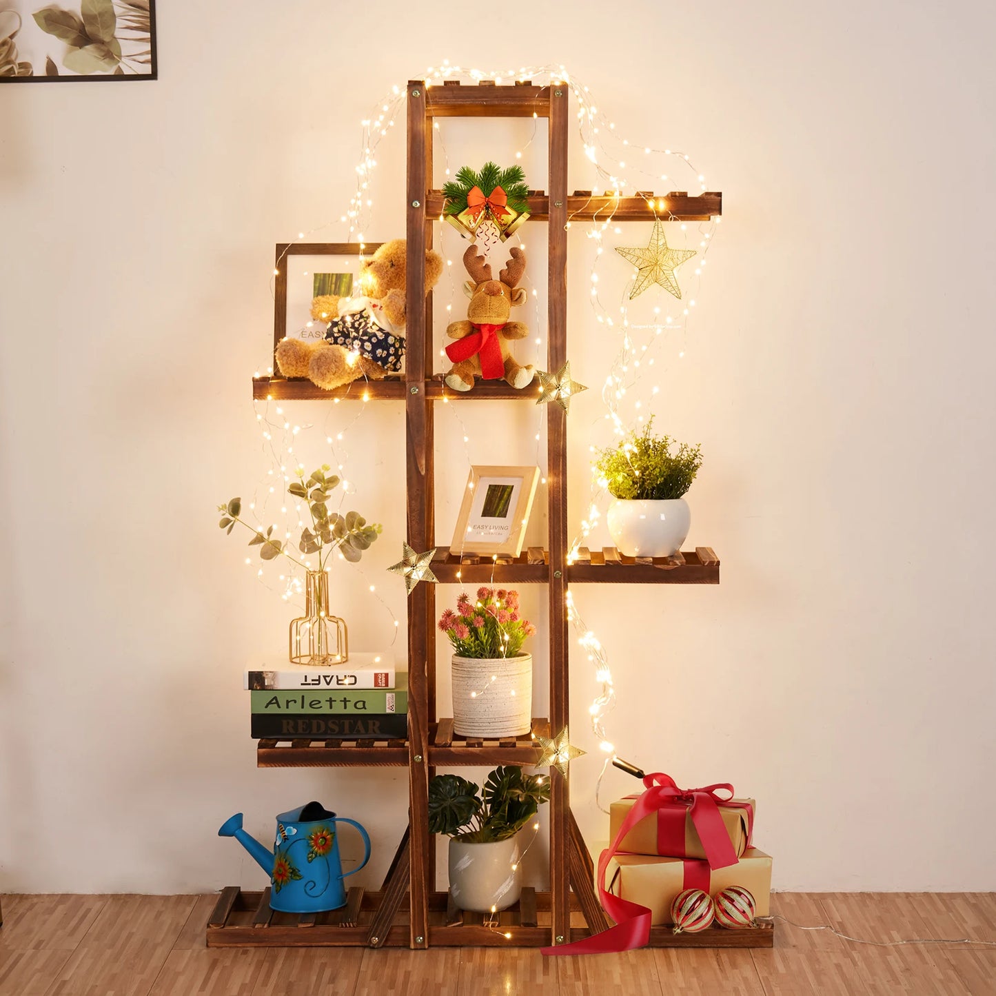 BINGOPAW 6 Tier Wooden Plant Stand Carbonized Wood Display Rack
