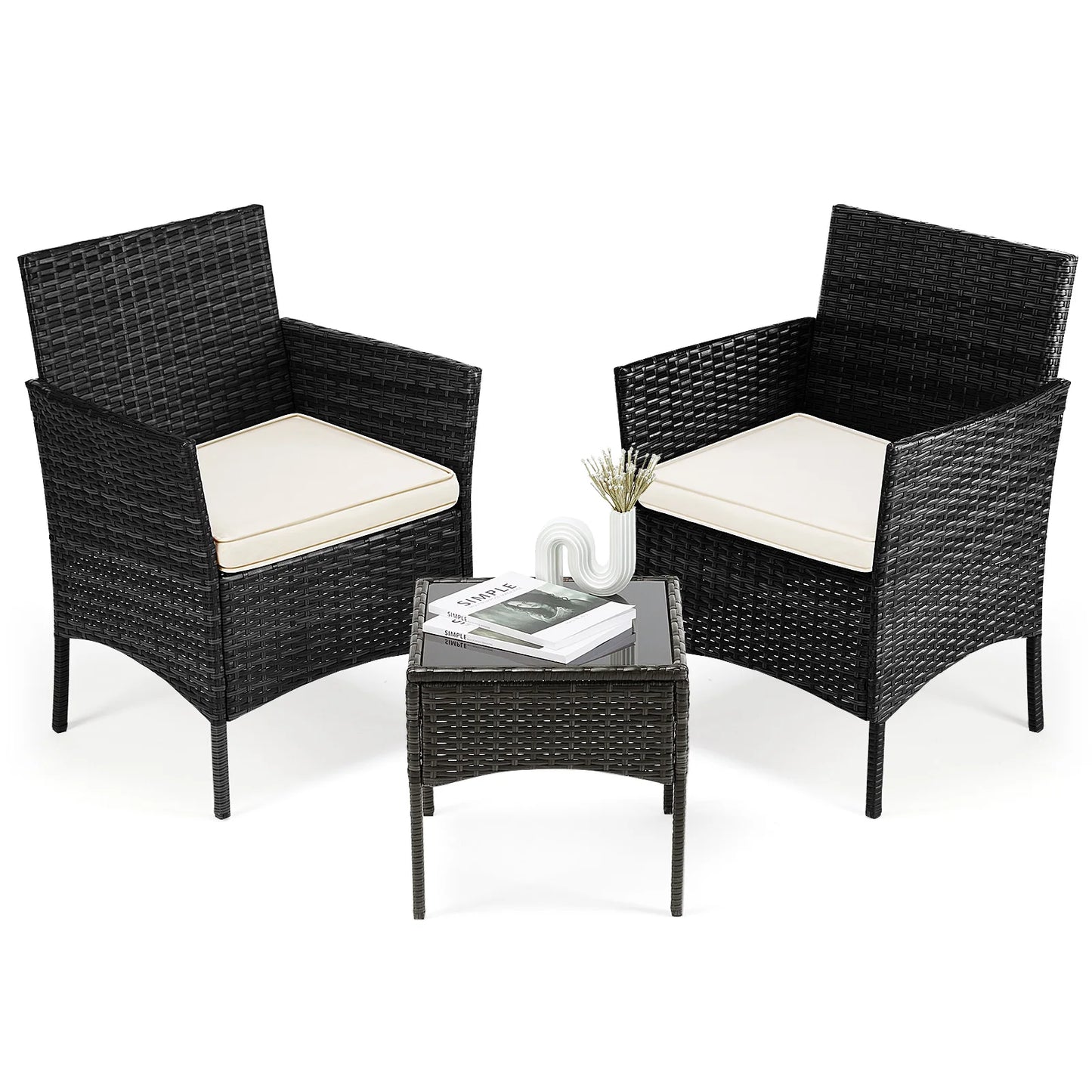 JHK Outdoor 3-Piece Wicker Patio Furniture Set With Glass Table