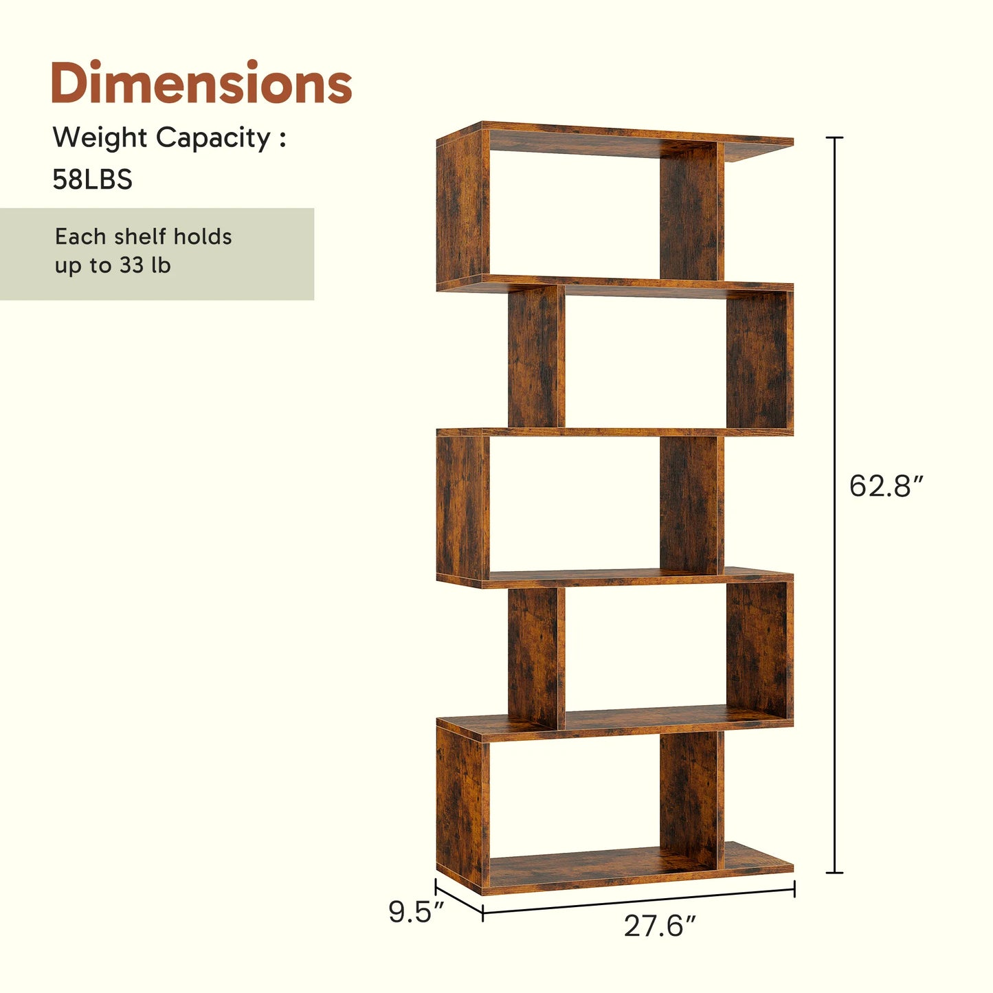 JHK Five Tier S Shaped Geometric Wooden Bookcase Display Shelf