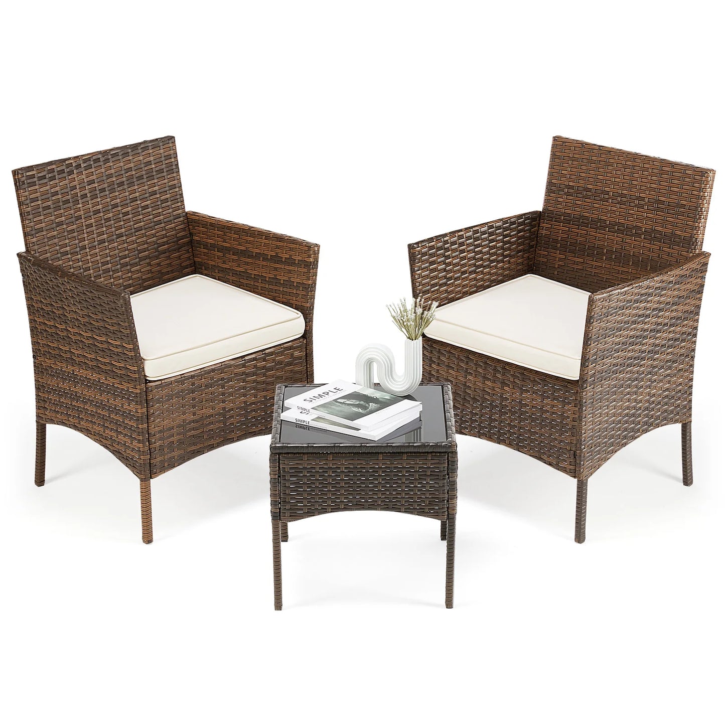 JHK Outdoor 3-Piece Wicker Patio Furniture Set With Glass Table