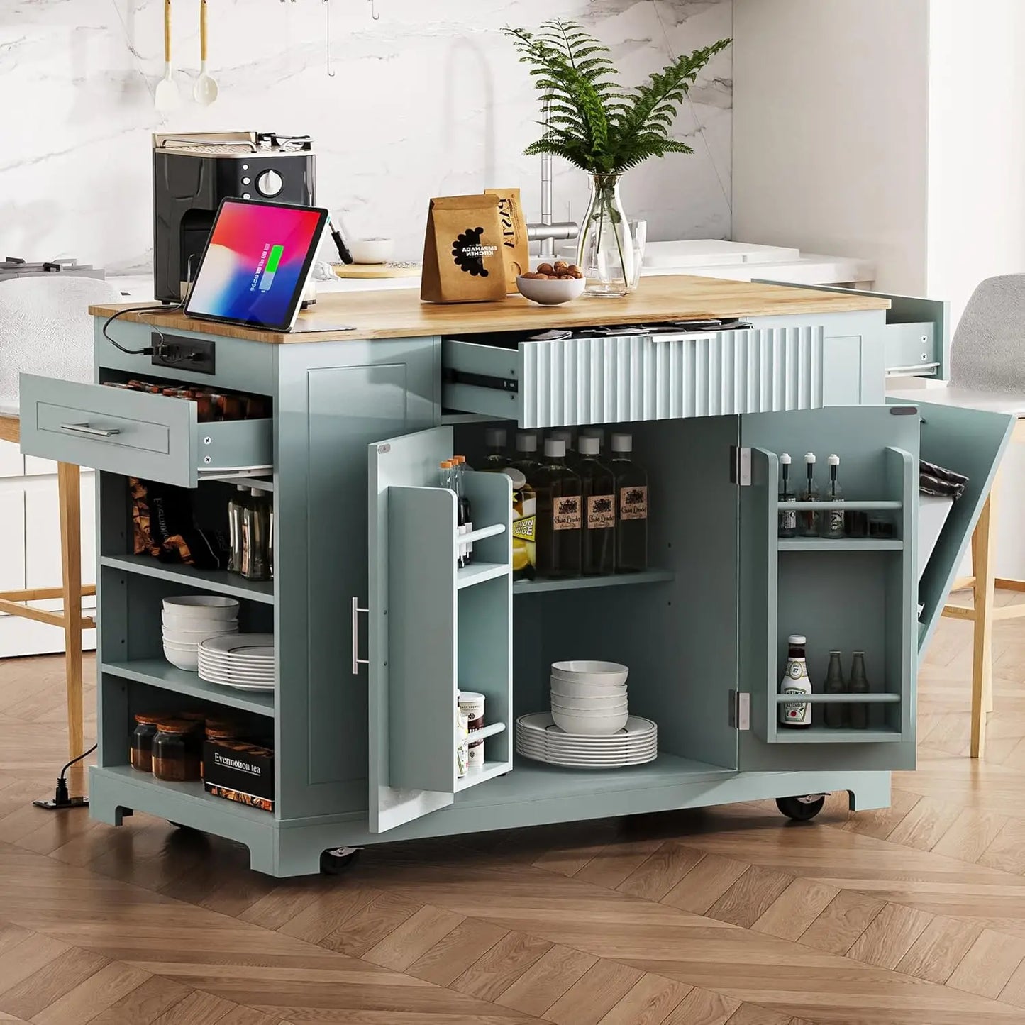 Rolling Kitchen Island With Power Outlet And Drop Leaf