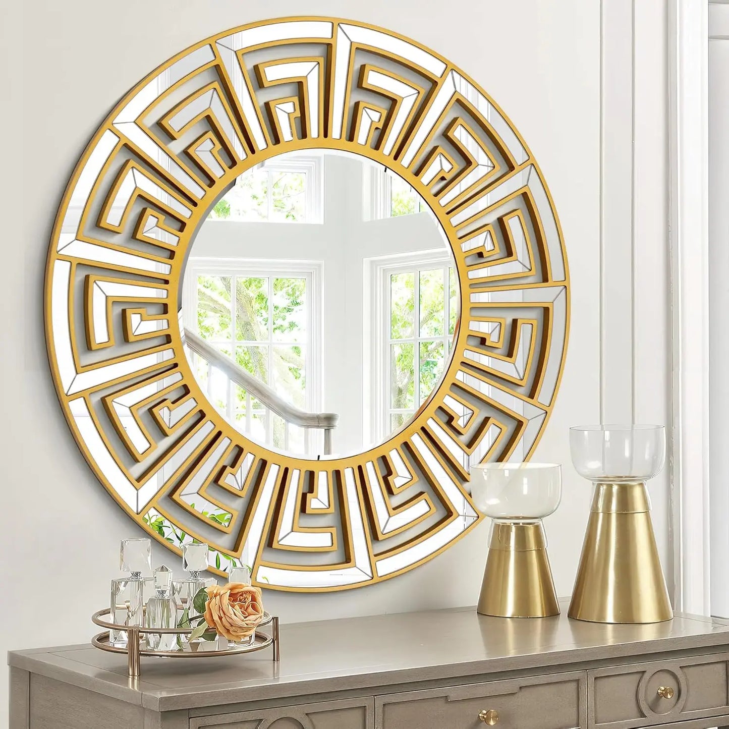 Round Wall Mirror Geometric Pattern Beveled Edge