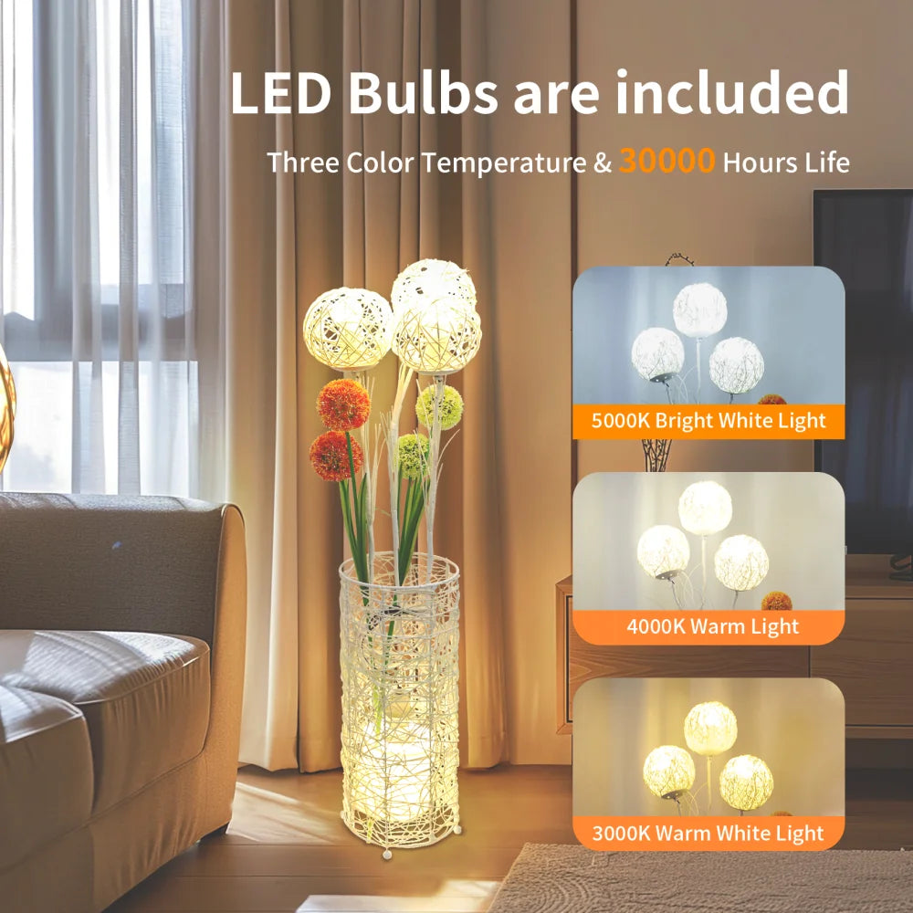 Modern Handwoven Rattan Floor Lamp with Lampshade and LED Bulb