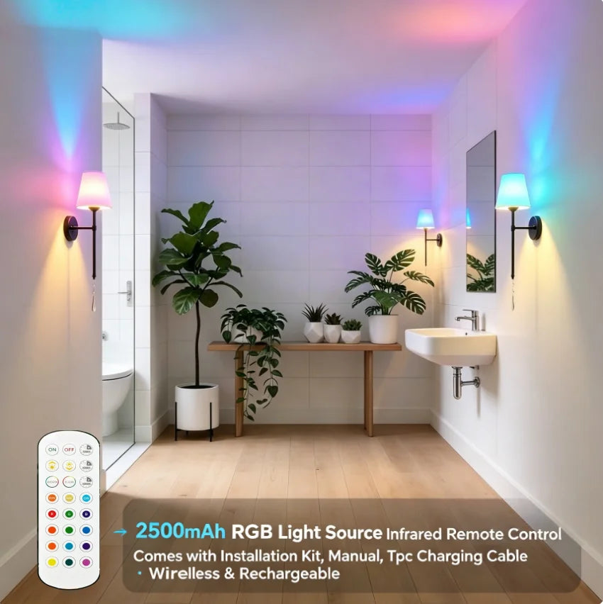 Two Pack Cordless Rechargeable Battery Wall Lamps With Remote Dimmable