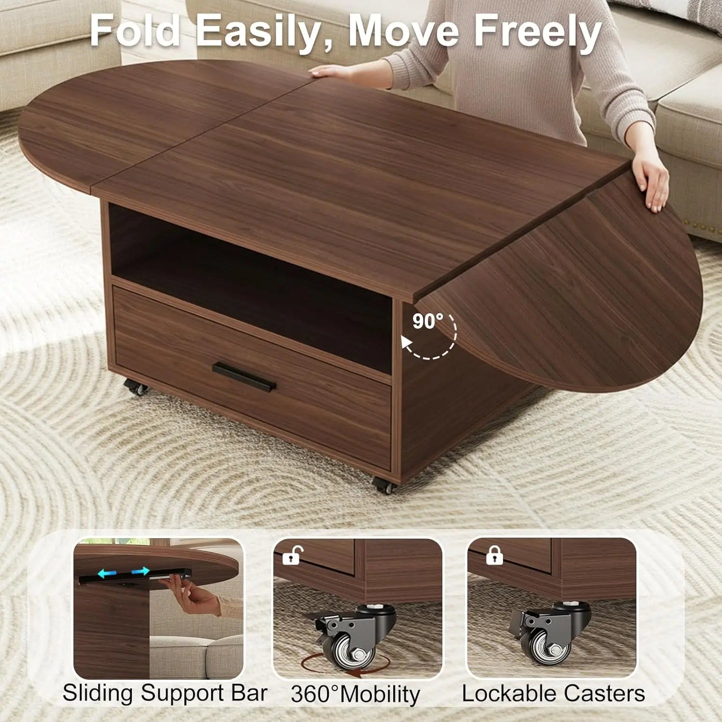 Guangbai Foldable Wood Coffee Table With Drawer And Storage
