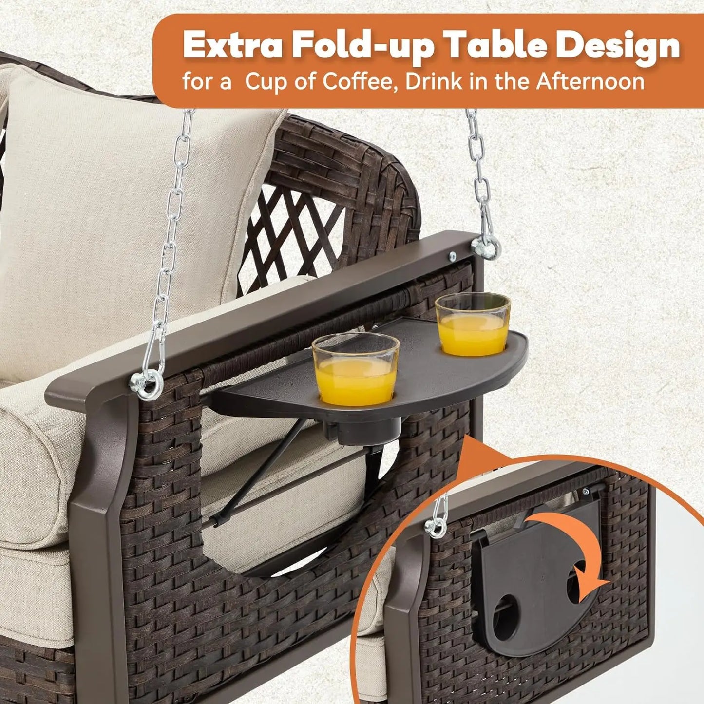 Outdoor 3 Seat Porch Swing with Cup Holders and Cushions