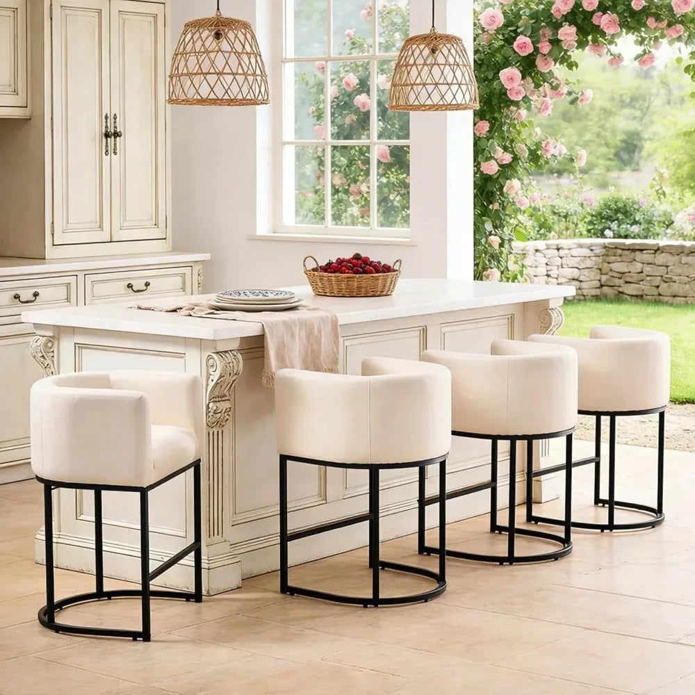 Modern Barrel Counter Stool Set Of 2 With Backrest And Arms Linen Upholstered