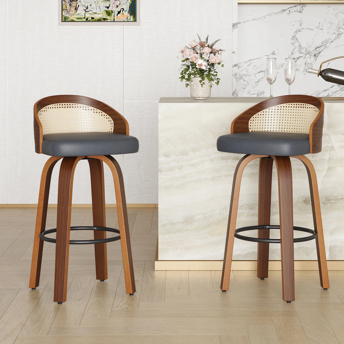 FARINI 2 Bar Stools With Rattan Back And PU Leather