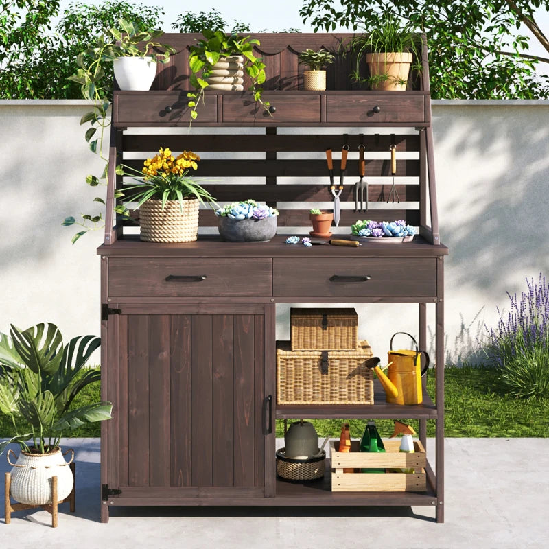 Fir Wood Potting Bench With Five Drawers And Cabinet