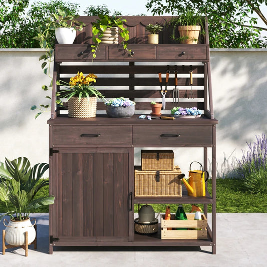 Fir Wood Potting Bench With Five Drawers And Cabinet