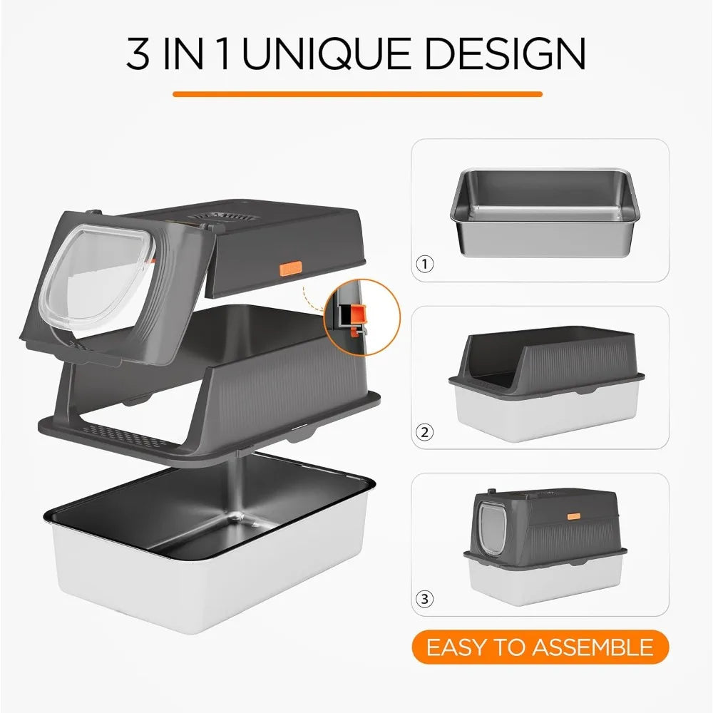 XIUWO Enclosed Stainless Steel Litter Box With Lid For Cats