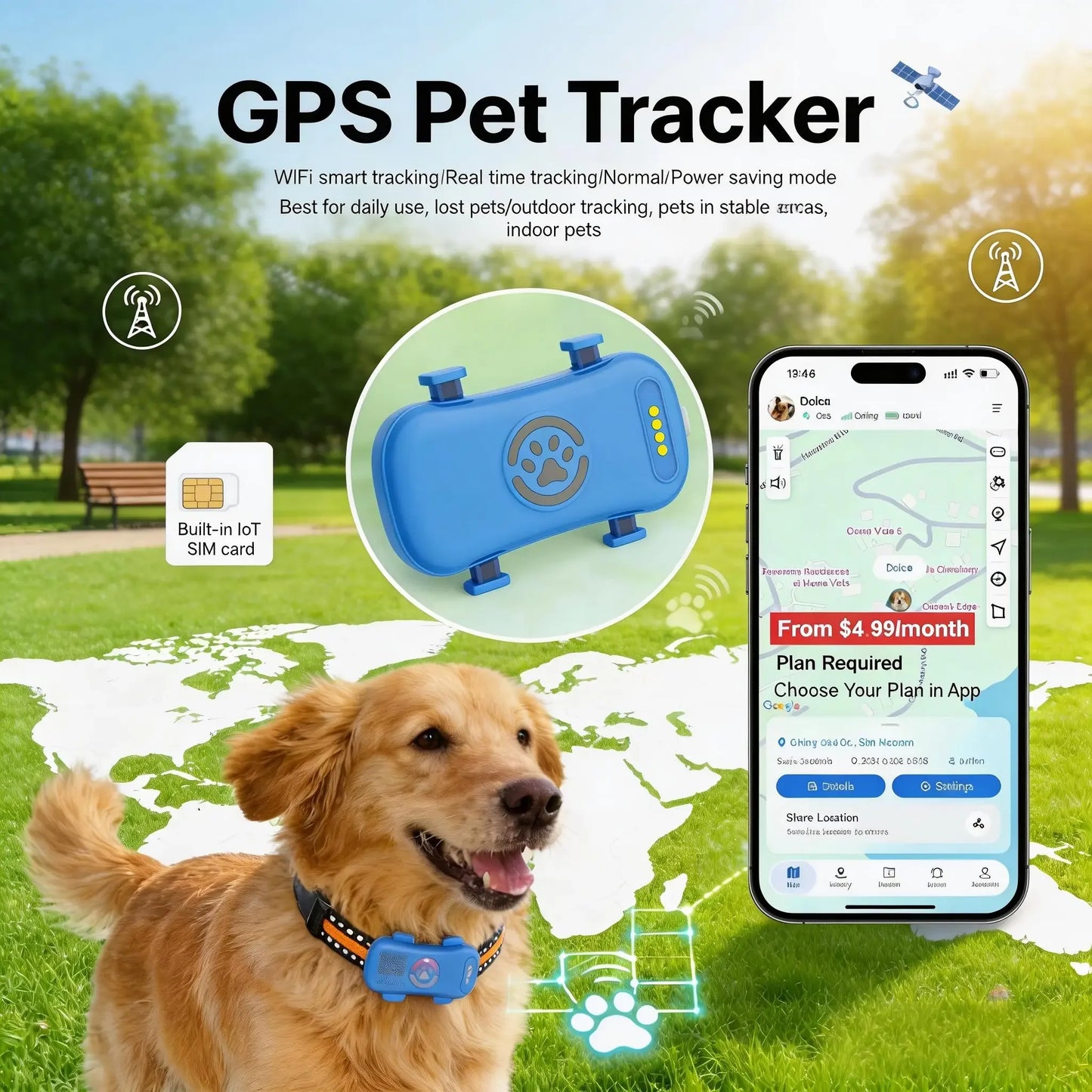 GPS Pet Tracker 4G Real-Time Location for Dogs and Cats