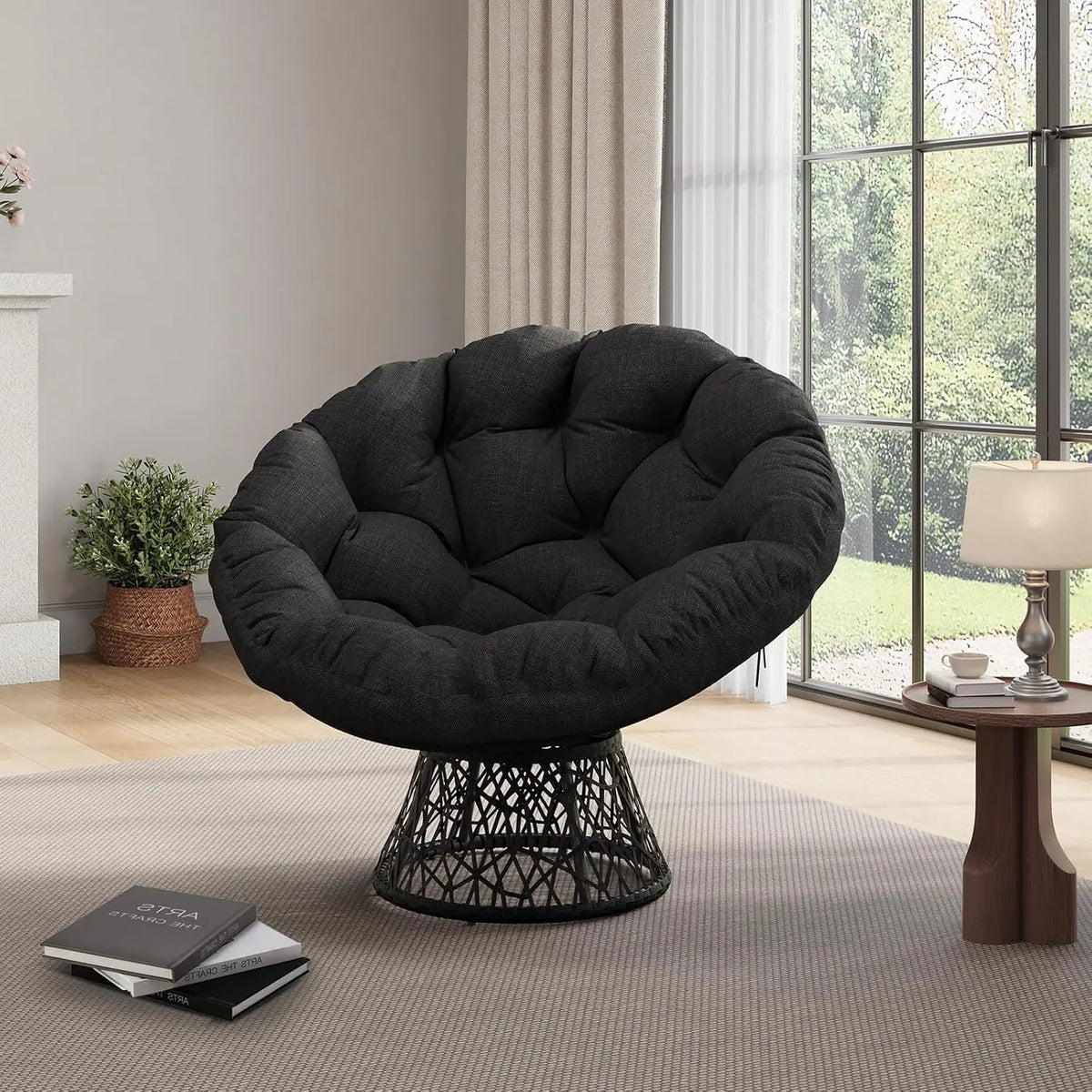 HiMISS Wicker Papasan Swivel Lounge Chair With Thick Cushion Base