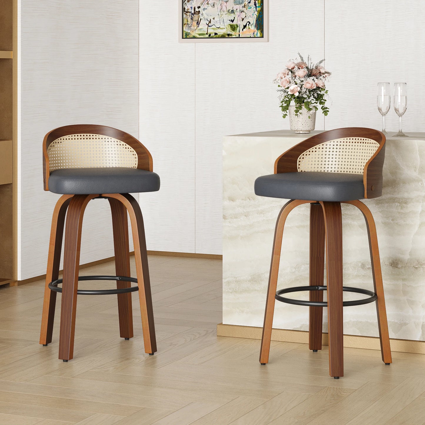 FARINI 2 Bar Stools With Rattan Back And PU Leather