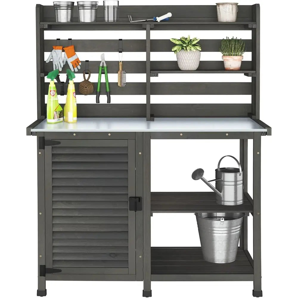 Potting Bench Table Outdoor Garden Workstation With Storage Cabinet