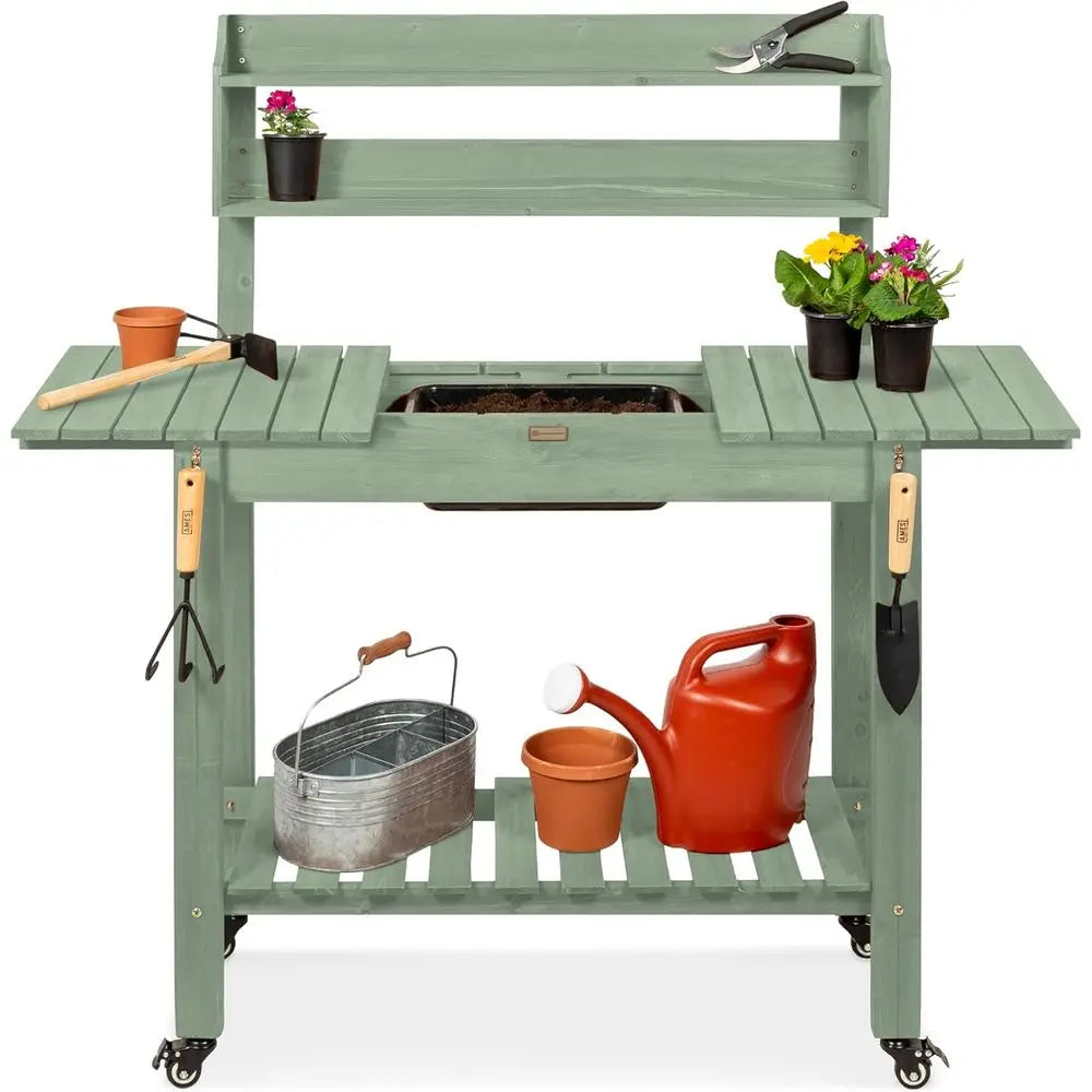 Mobile Garden Potting Bench With Locking Wheels And Sliding Tabletop